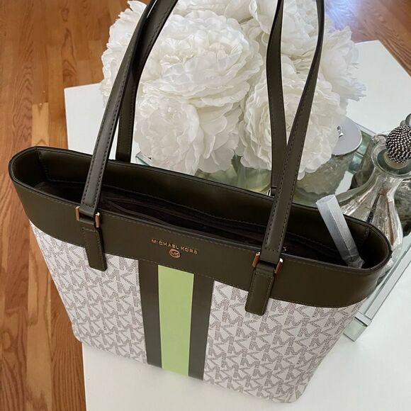 SOLD .……NWT. Michael Kors Center Stripe Morgan Olive / Multi large tote. - Picture 1 of 6